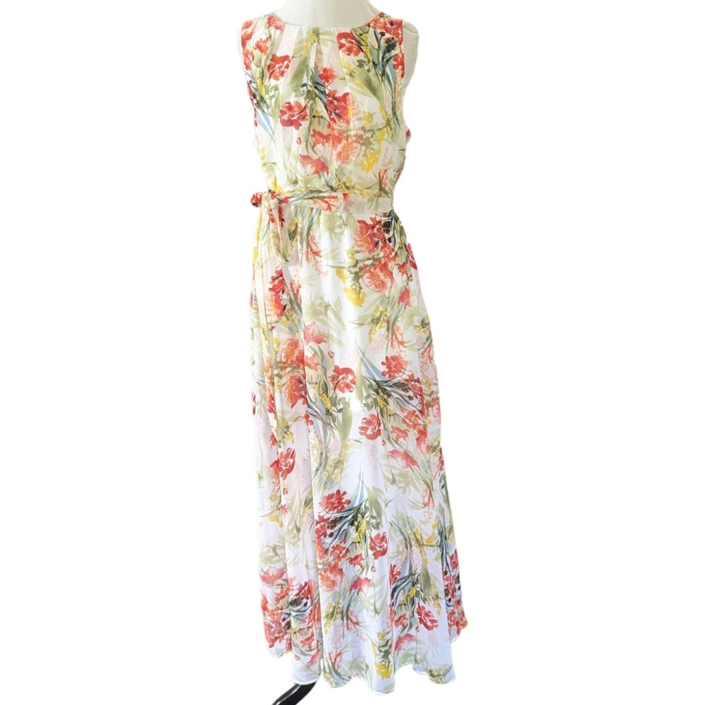 NY Collection Chiffon Dress Large New w Tags Floral White Belted Tie Maxi Long